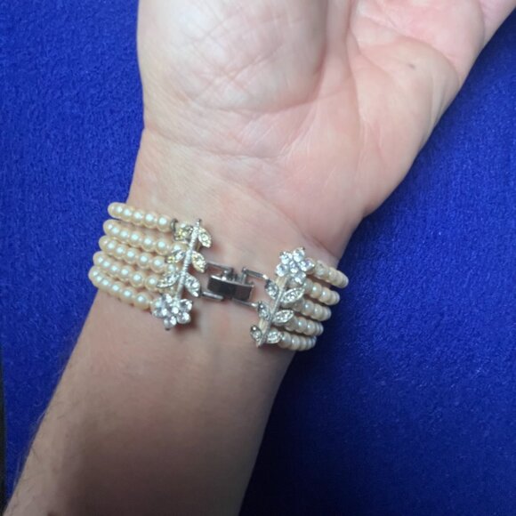 Vintage Faux Pearl Multistrand Bracelet | Cubic Zirconia Floral Clasp | Timeless - Picture 6 of 8
